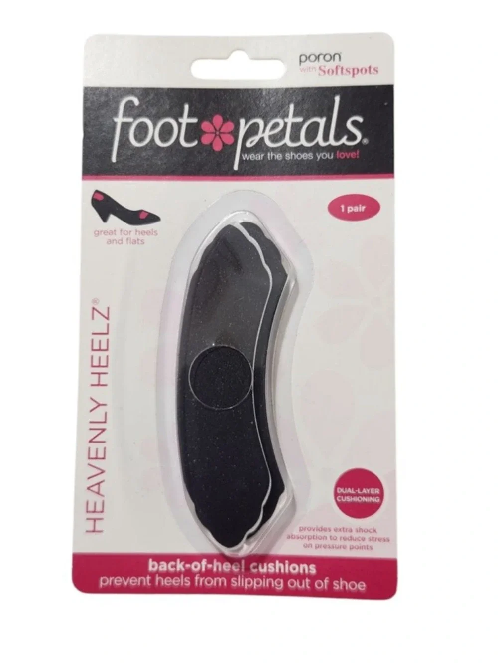 Women's Foot Petals Heavenly Heelz Back-of-Heel Cushions Black Pink NIB